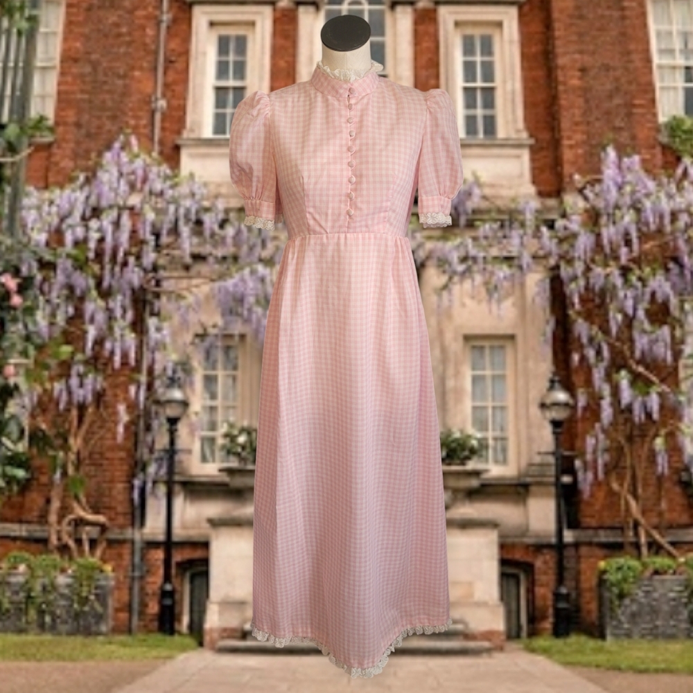 Vintage Pink and White Gingham Maxi Dress